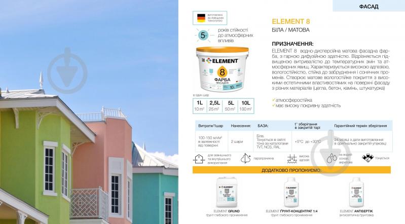Краска акриловая водоэмульсионная Element 8 мат белый 1 л - фото 2