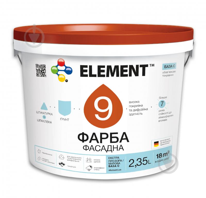 Краска акриловая водоэмульсионная Element 9 база С мат база под тонировку 2,35 л - фото 1