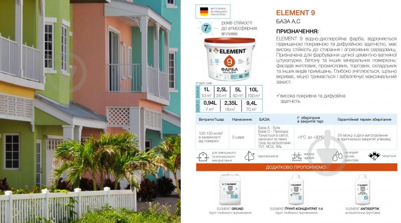 Краска акриловая водоэмульсионная Element 9 база С мат база под тонировку 9,4 л - фото 2 Краска акриловая водоэмульсионная Element 9 база С мат база под тонировку 9,4 л - фото 2