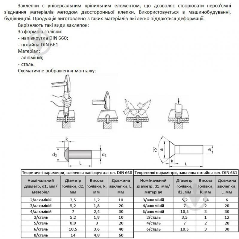 Заклепка под молоток с потайной головкой DIN 661 4х20 мм 10 шт./уп. - фото 2