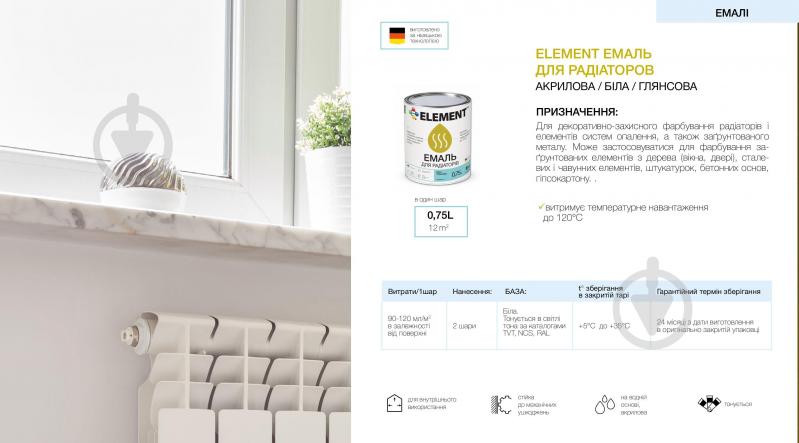Эмаль Element акриловая для радиаторов белый глянец 0,75 л - фото 2