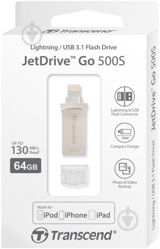 Флеш-пам'ять USB Transcend JetDrive Go 500 64 ГБ LightningUSB 3.1 silver (TS64GJDG500S) - фото 5