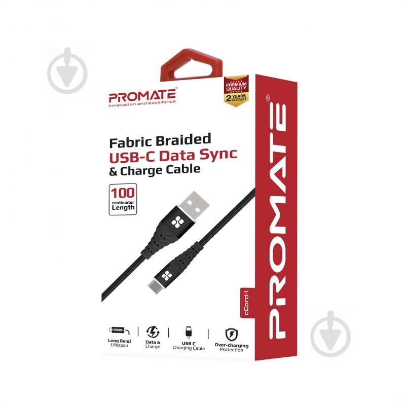 Кабель Promate сCord-1 USB - USB Type-C 1 м черный (ccord-1.black) - фото 5