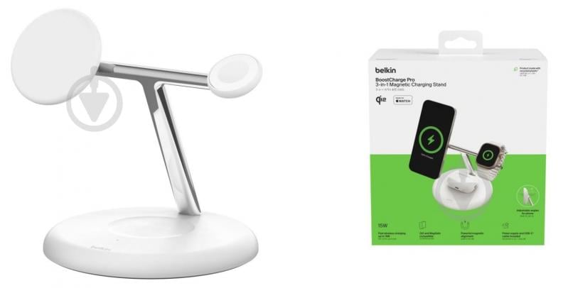 Беспроводное зарядное устройство Belkin 3в1 Magnetic Adjustable Pad Qi2 15 Вт White - фото 8 Беспроводное зарядное устройство Belkin 3в1 Magnetic Adjustable Pad Qi2 15 Вт White - фото 8