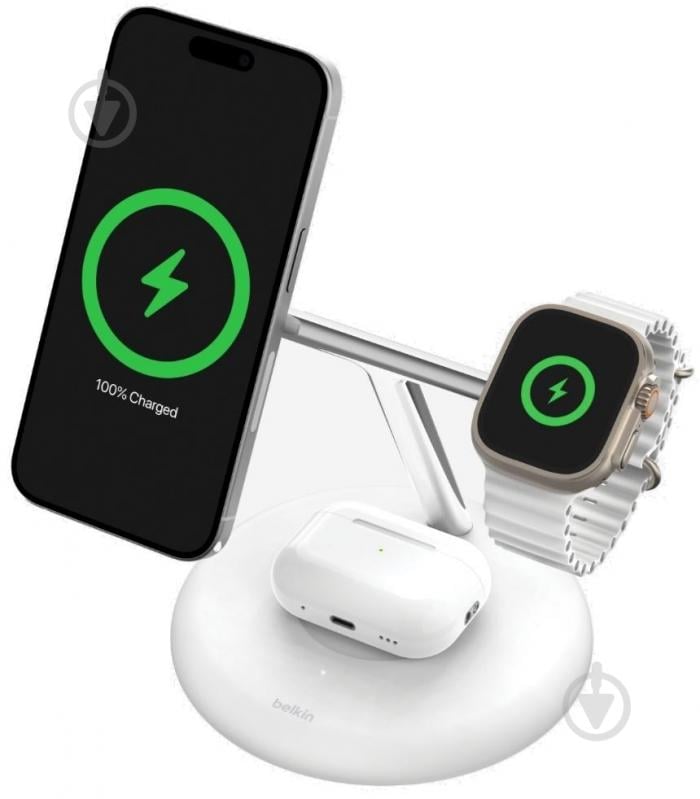 Беспроводное зарядное устройство Belkin 3в1 Magnetic Adjustable Pad Qi2 15 Вт White - фото 3 Беспроводное зарядное устройство Belkin 3в1 Magnetic Adjustable Pad Qi2 15 Вт White - фото 3