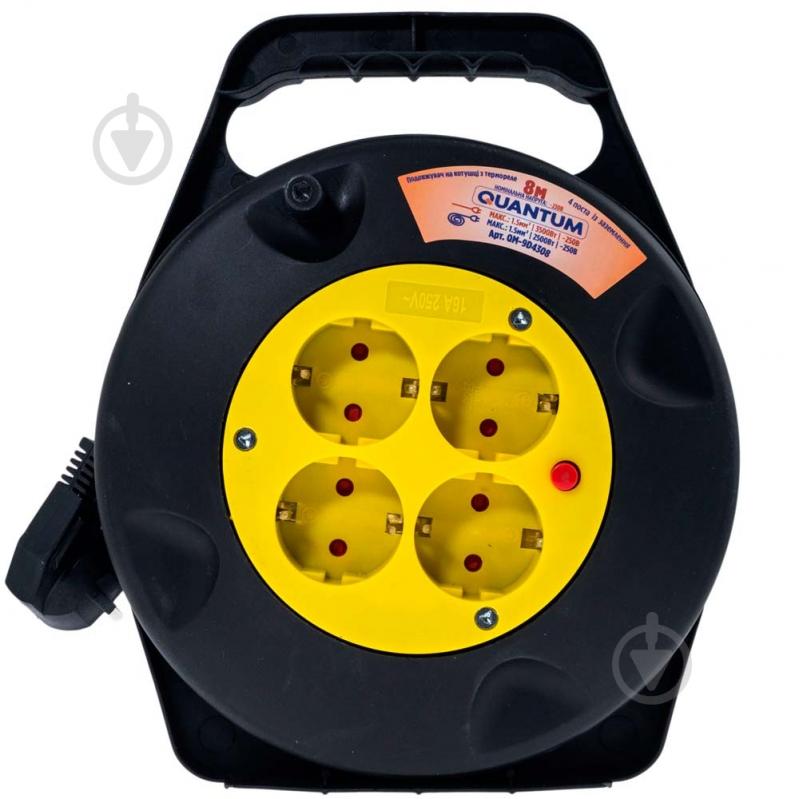 Удлинитель на катушке Quantum с термореле 8 м с заземлением 4 гн. черный с желтым QM-9D4308 - фото 1 Удлинитель на катушке Quantum с термореле 8 м с заземлением 4 гн. черный с желтым QM-9D4308 - фото 1