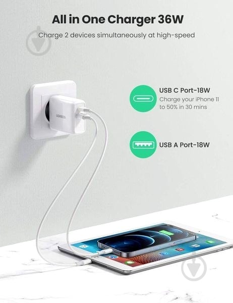 Мережевий зарядний пристрій UGREEN CD170 USB+USB Type-C Wall Charger 36W 3A White (60468) - фото 2