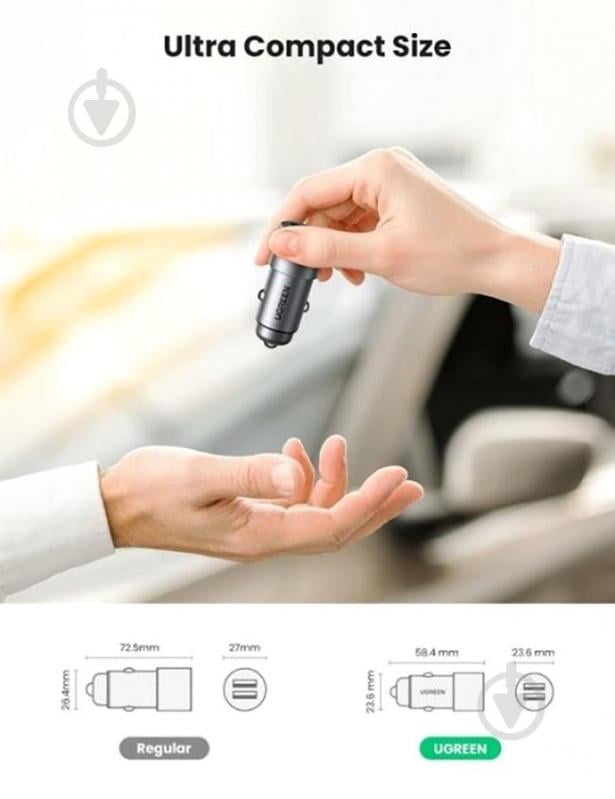 Автомобільний зарядний пристрій UGREEN CD130 Dual USB Car Charger 24W 2.4A Gray (50592) - фото 3