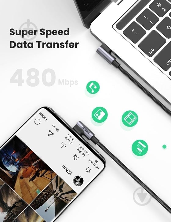 Кабель UGREEN US335 Angled USB Type-C to Angled USB Type-C 100W 5A Cable Aluminium Shell with Braide 1 м черный (70696) - фото 3 Кабель UGREEN US335 Angled USB Type-C to Angled USB Type-C 100W 5A Cable Aluminium Shell with Braide 1 м черный (70696) - фото 3