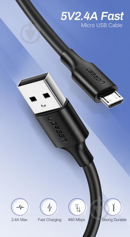 Кабель UGREEN US289 USB 2.0 to Micro Cable Nickel Plating 2A 0,25 м черный (60134) - фото 3