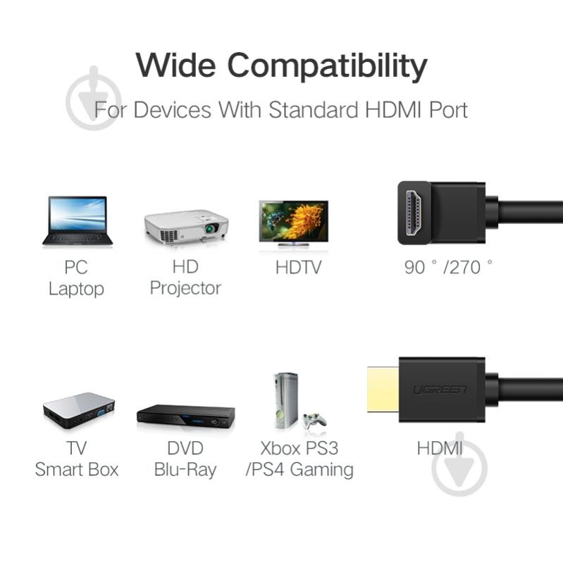 Кабель UGREEN HD103 HDMI Cable Right Angle 270 Degree 2 м черный (10121) - фото 6