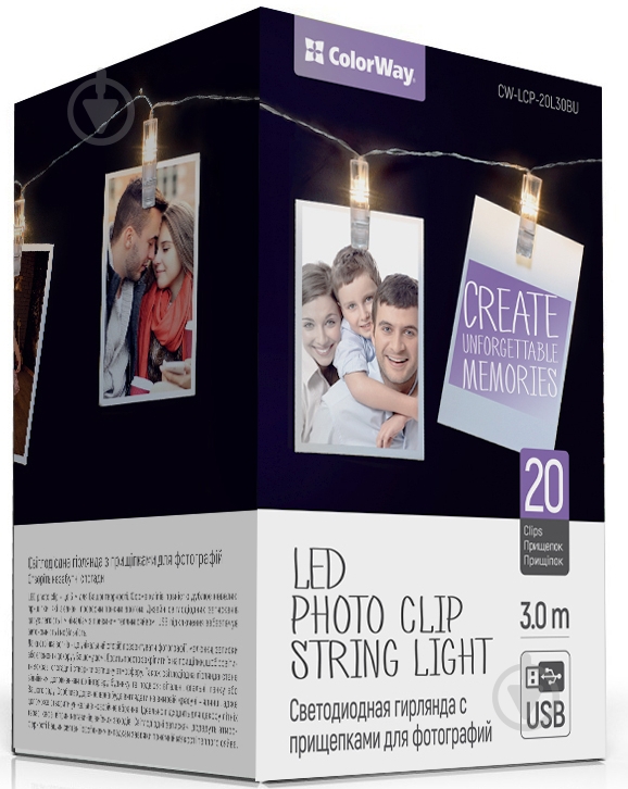 Гірлянда світлодіодна ColorWay з прищіпками для фото світлодіодна (LED) 30 ламп 3 м (CW-LCP-20L30BU) - фото 2