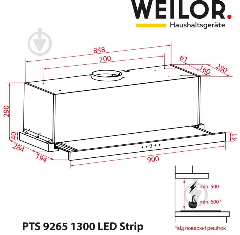 Вытяжка WEILOR PTS 9265 WH 1300 LED Strip - фото 17