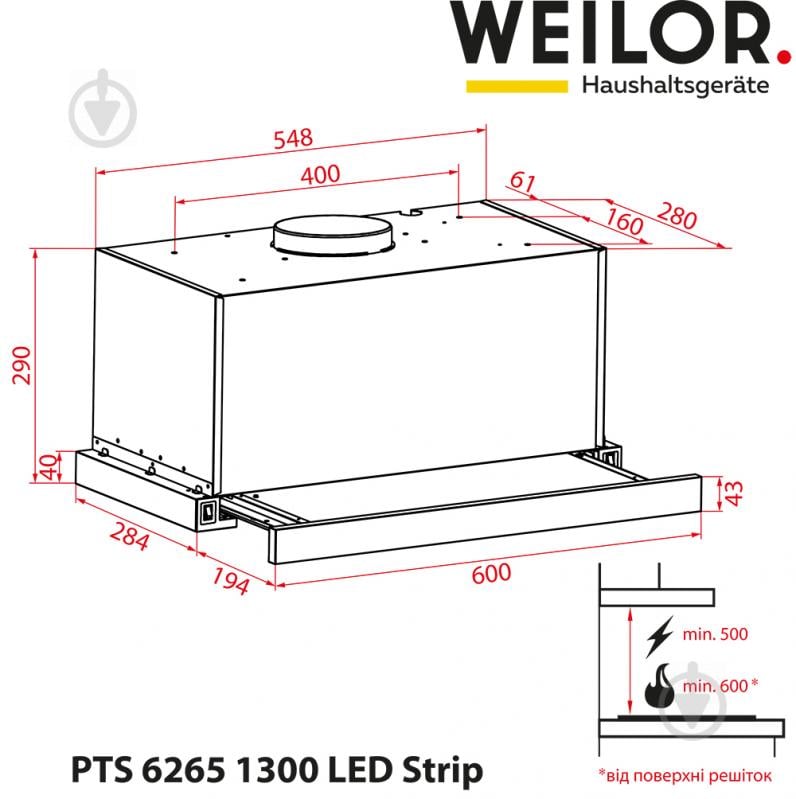 Вытяжка WEILOR PTS 6265 WH 1300 LED Strip - фото 17