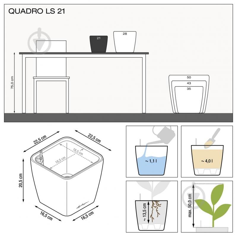 Вазон пластиковый Lechuza Quadro Premium LS 21 квадратный 4 л белый - фото 3