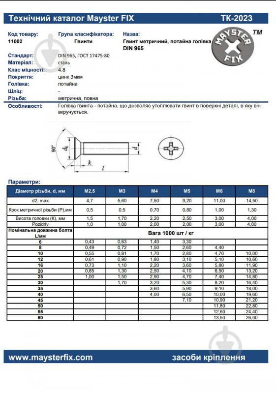 Гвинт метричний ЦБ DIN 965 3x10 мм 1000 шт. клас міцності 4,8 Mayster FIX - фото 3