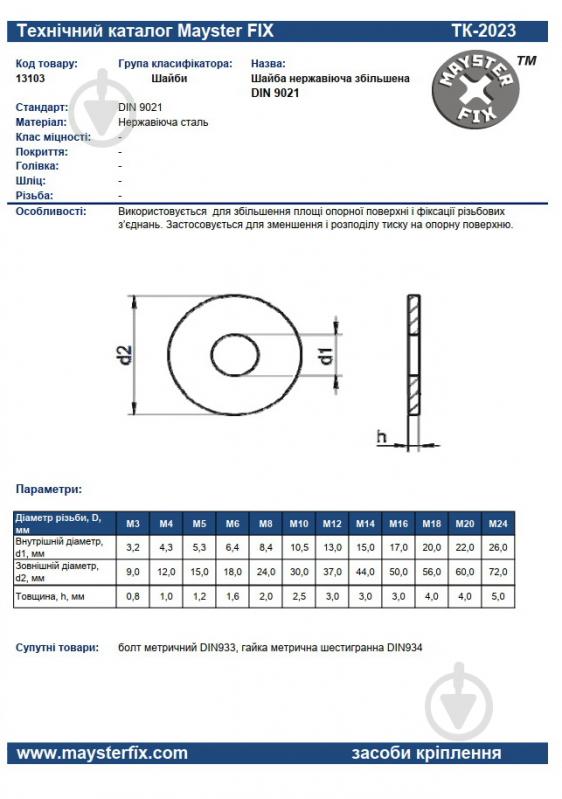 Шайба збільшена М4x12 мм 1000 шт. Mayster FIX - фото 3