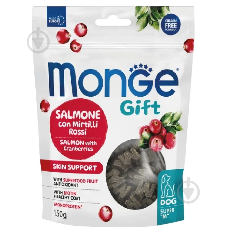 Ласощі для усіх порід Monge Gift dog skin support лосось з журавлиною 150 г - фото 1