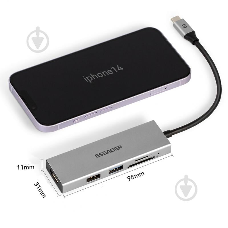 USB-хаб Essager Fanghe 5 in1 USB-C port HDMI 1.4, USB 2.0, USB 3.0, SD, TF Grey (EHBC05-FH0G-P) - фото 9