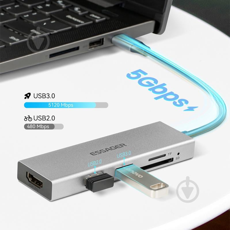 USB-хаб Essager Fanghe 5 in1 USB-C port HDMI 1.4, USB 2.0, USB 3.0, SD, TF Grey (EHBC05-FH0G-P) - фото 4