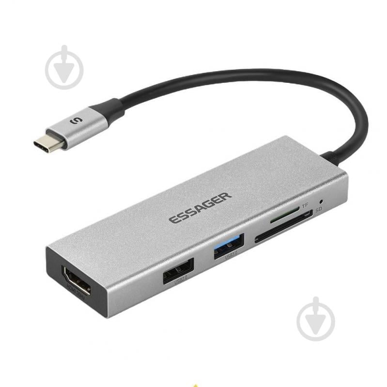 USB-хаб Essager Fanghe 5 in1 USB-C port HDMI 1.4, USB 2.0, USB 3.0, SD, TF Grey (EHBC05-FH0G-P) - фото 1