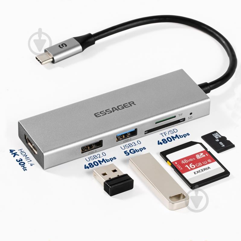 USB-хаб Essager Fanghe 5 in1 USB-C port HDMI 1.4, USB 2.0, USB 3.0, SD, TF Grey (EHBC05-FH0G-P) - фото 2