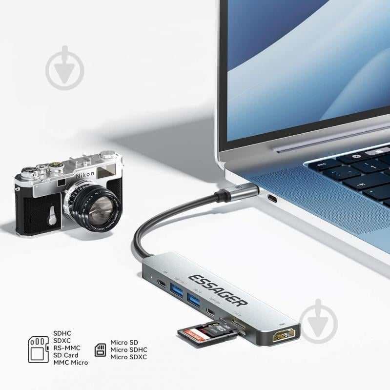 USB-хаб Essager QingHong 7 in1 HDMI USB3.2 USB-C SD TF Grey (EHB07-QH0G-Z) - фото 6