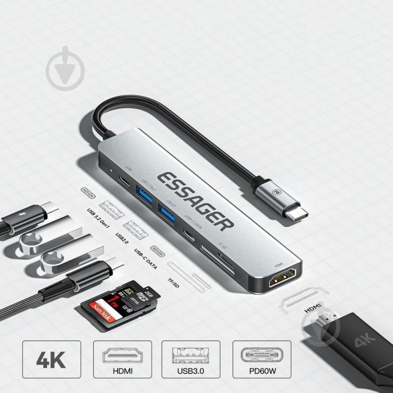 USB-хаб Essager QingHong 7 in1 HDMI USB3.2 USB-C SD TF Grey (EHB07-QH0G-Z) - фото 3