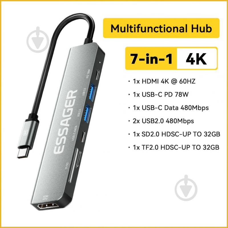 USB-хаб Essager QingHong 7 in1 HDMI USB3.2 USB-C SD TF Grey (EHB07-QH0G-Z) - фото 2