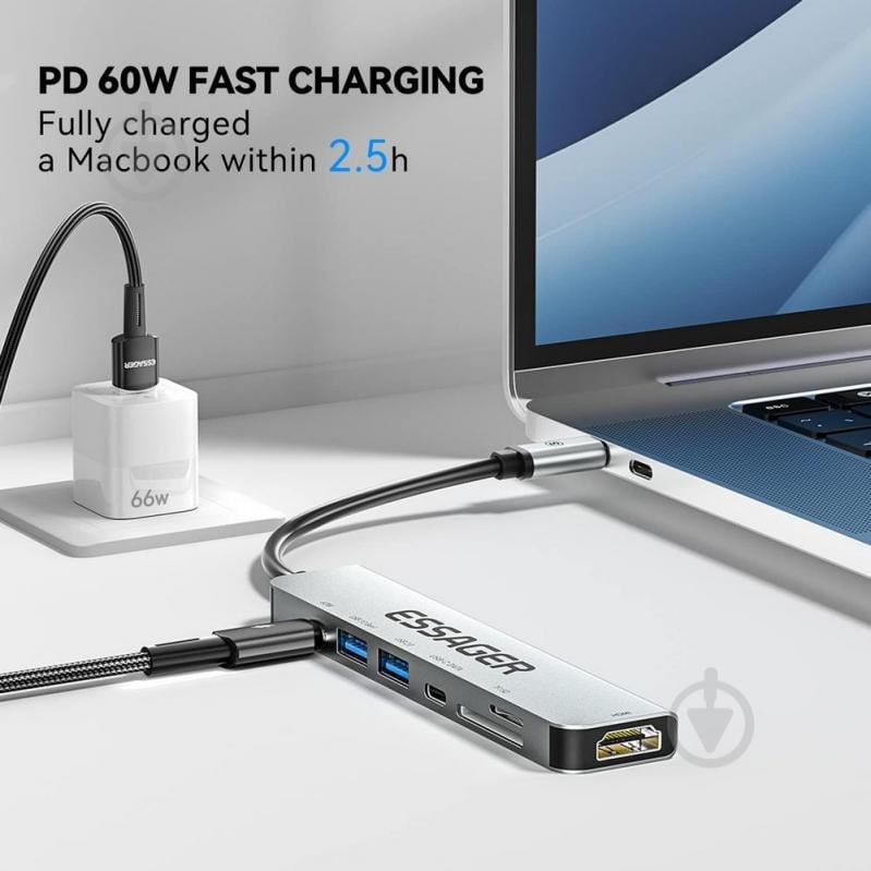 USB-хаб Essager QingHong 7 in1 HDMI USB3.2 USB-C SD TF Grey (EHB07-QH0G-Z) - фото 5