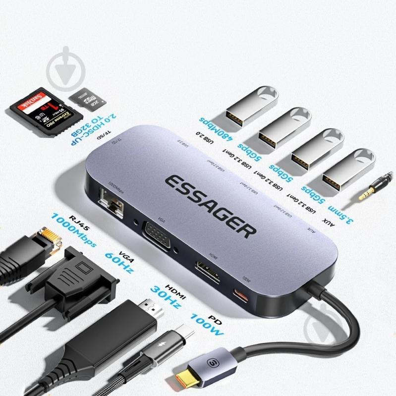 USB-хаб Essager Maple Harp 11 in 1 USB3.2 Gen USB 2.0 HDMI VGA Type-c RJ45 SD TF Audio (EHB11-FQ0G-Z) - фото 2 USB-хаб Essager Maple Harp 11 in 1 USB3.2 Gen USB 2.0 HDMI VGA Type-c RJ45 SD TF Audio (EHB11-FQ0G-Z) - фото 2
