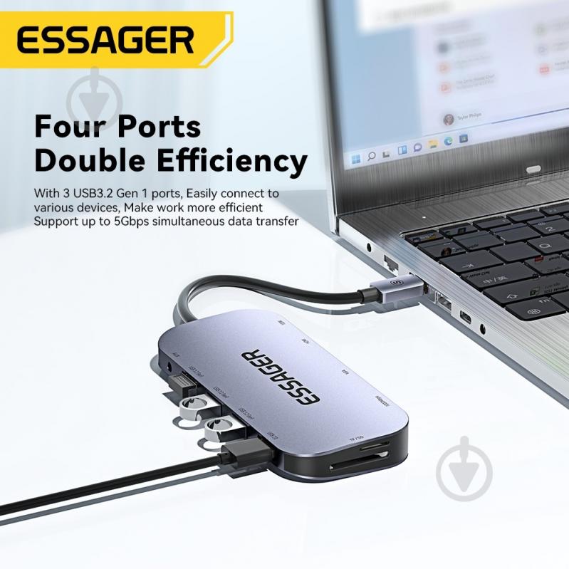 USB-хаб Essager Maple Harp 11 in 1 USB3.2 Gen USB 2.0 HDMI VGA Type-c RJ45 SD TF Audio (EHB11-FQ0G-Z) - фото 5 USB-хаб Essager Maple Harp 11 in 1 USB3.2 Gen USB 2.0 HDMI VGA Type-c RJ45 SD TF Audio (EHB11-FQ0G-Z) - фото 5