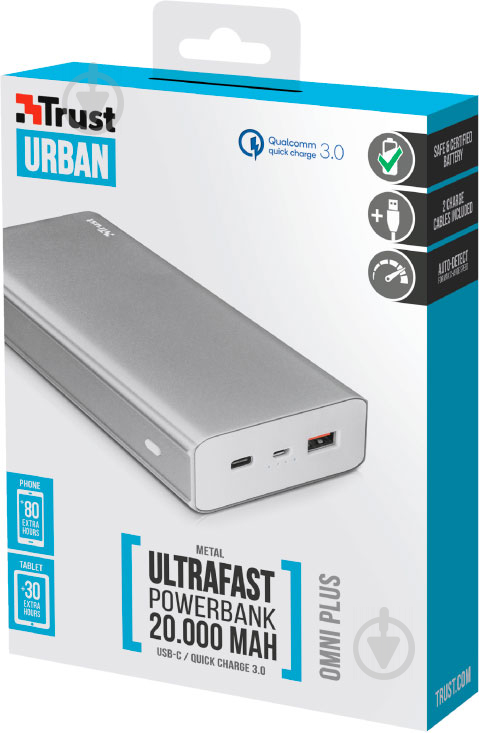 Повербанк Trust OMNI THIN POWERBANK 20K US 20000 mAh silver (22790) - фото 6