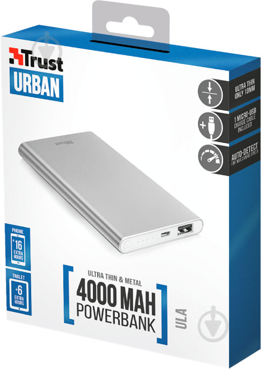 Повербанк Trust ULA THIN METAL POWERBANK 4000 mAh silver (22821) - фото 6