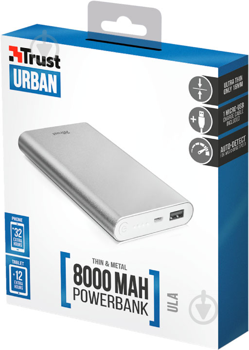 Повербанк Trust ULA THIN METAL POWERBANK (22822) 8000 mAh silver (22822) - фото 6