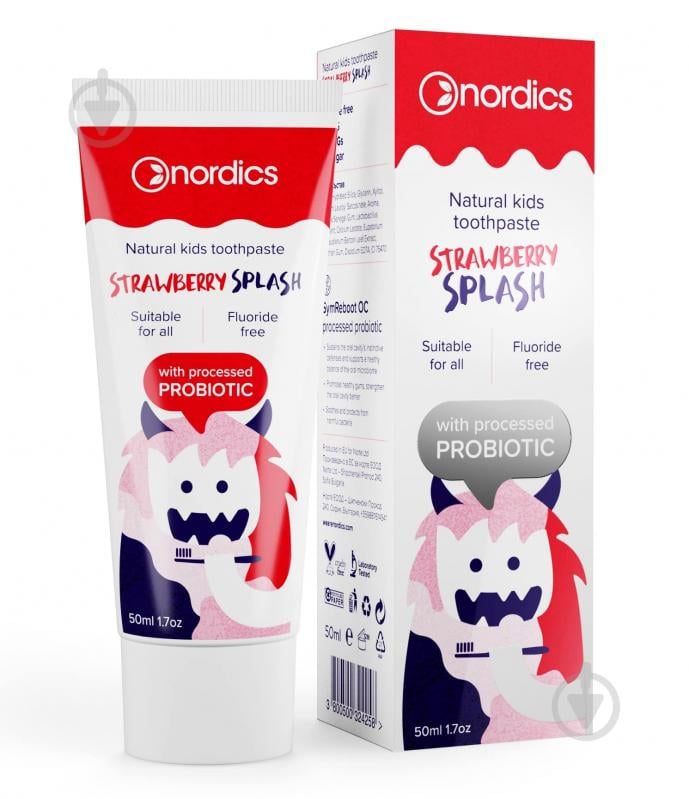 Зубна паста дитяча Nordics «Полуничний сплеск» з пробіотиком SymReboot OC від 2 до 6 років 50 мл - фото 1 Зубна паста дитяча Nordics «Полуничний сплеск» з пробіотиком SymReboot OC від 2 до 6 років 50 мл - фото 1