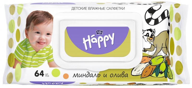 Вологі серветки HAPPY BELLA BABY Мигдаль і олива 64 шт. - фото 1