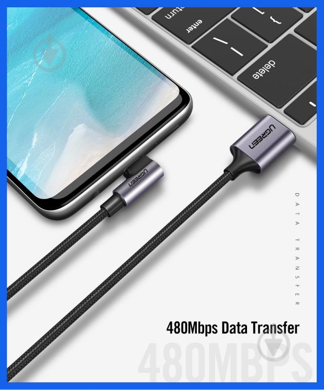 Кабель UGREEN US284 USB 2.0 to Angled USB Type-C Cable Aluminum Shell with Braided 3A 0,5 м чорний (50940) - фото 3