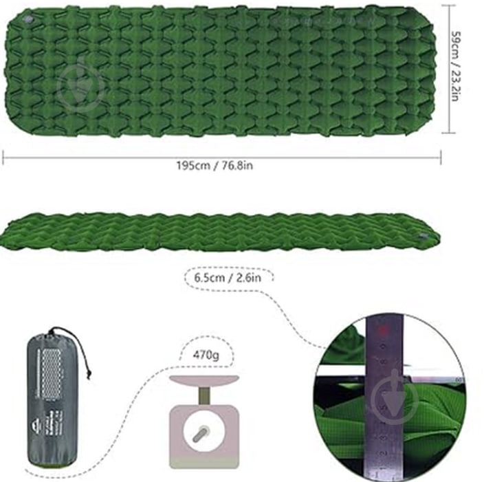 Килимок туристичний Naturehike надувний FC-10 NH19Z001-P, 65 мм, зелений 6927595735350 195x59 см - фото 2