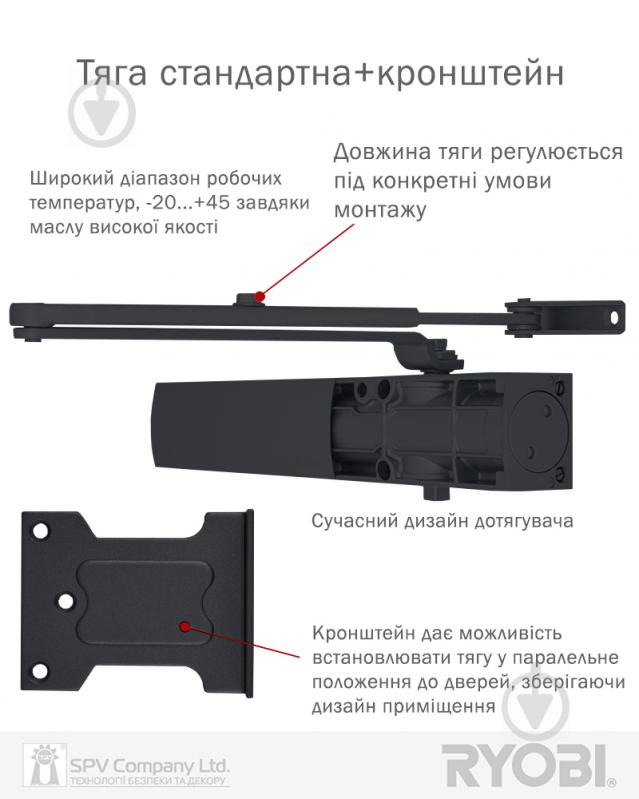 Доводчик дверной RYOBI 1200 D-1200P(U) UNIV ARM EN 2/3/4 1100 мм серый антрацит 80 кг - фото 2