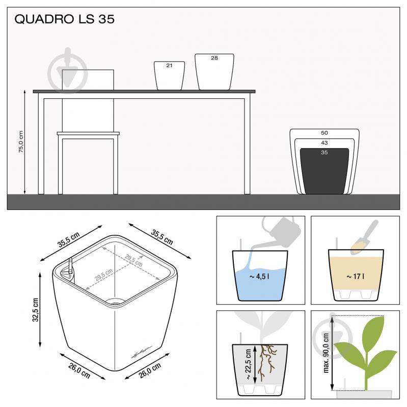 Вазон пластиковый Lechuza Quadro Premium LS 35 квадратный 17 л белый - фото 4