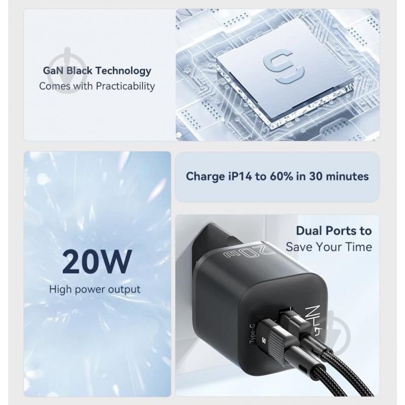 Зарядное устройство Essager Camber 20W GaN travel Phone Charger USB A + Type C EU Black (ECTAC-HMB01-P) - фото 7