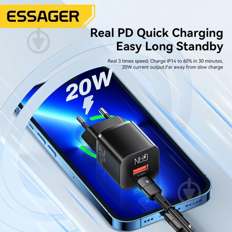 Зарядное устройство Essager Camber 20W GaN travel Phone Charger USB A + Type C EU Black (ECTAC-HMB01-P) - фото 5