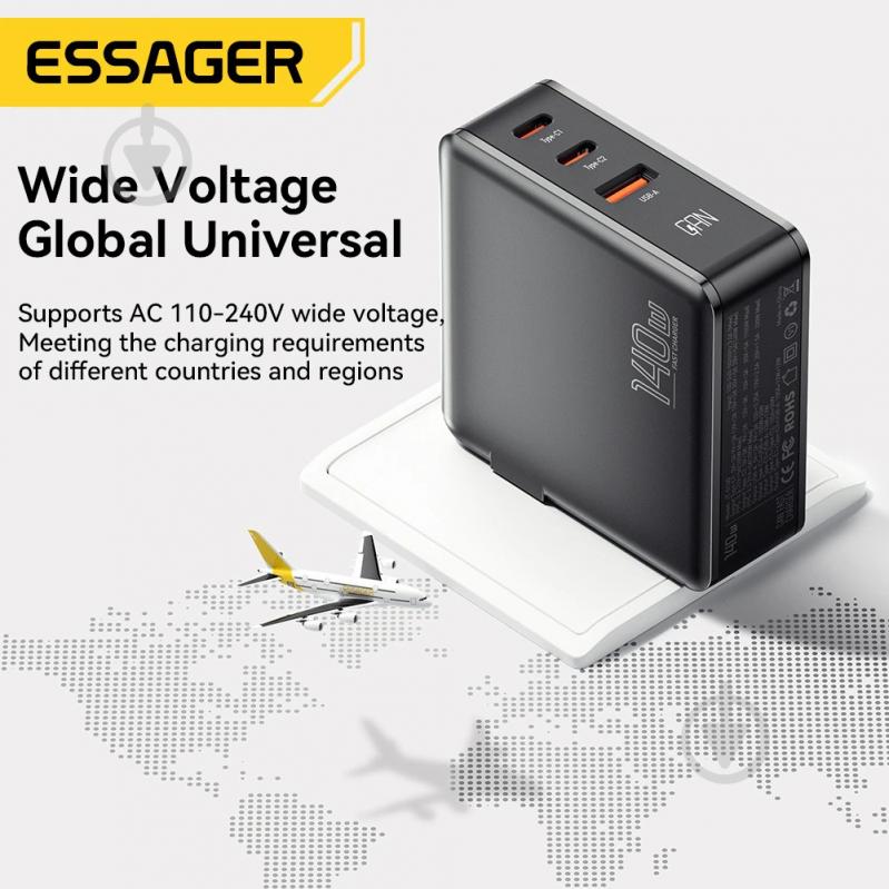 Зарядний пристрій Essager Advance 140W GaN Travel Charger 2 C + USB A EU Black (ECT2CA-ZCB01-Z) - фото 6