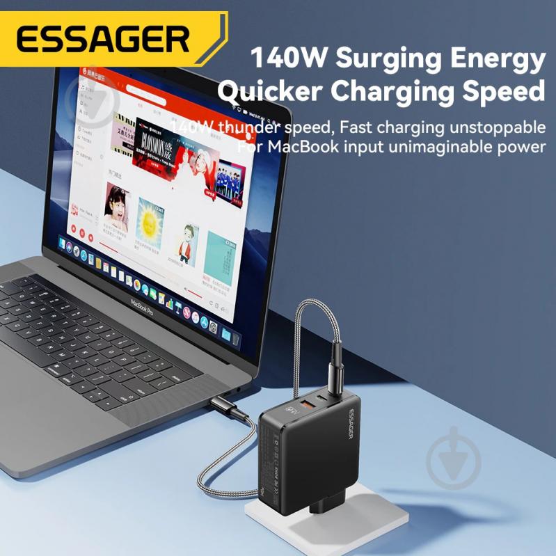 Зарядний пристрій Essager Advance 140W GaN Travel Charger 2 C + USB A EU Black (ECT2CA-ZCB01-Z) - фото 4