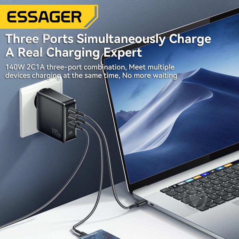 Зарядний пристрій Essager Advance 140W GaN Travel Charger 2 C + USB A EU Black (ECT2CA-ZCB01-Z) - фото 3