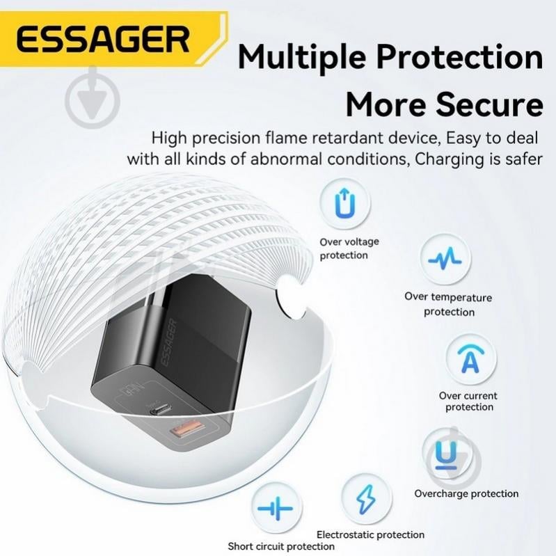 Зарядний пристрій Essager Pinchen 33W Travel Phone Charger USB A + TYPE C EU Black (ECTAC-PCB01-P) - фото 9 Зарядний пристрій Essager Pinchen 33W Travel Phone Charger USB A + TYPE C EU Black (ECTAC-PCB01-P) - фото 9