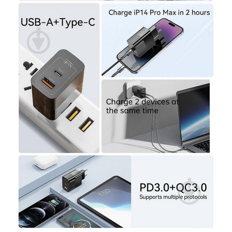 Зарядний пристрій Essager Pinchen 33W Travel Phone Charger USB A + TYPE C EU Black (ECTAC-PCB01-P) - фото 8 Зарядний пристрій Essager Pinchen 33W Travel Phone Charger USB A + TYPE C EU Black (ECTAC-PCB01-P) - фото 8
