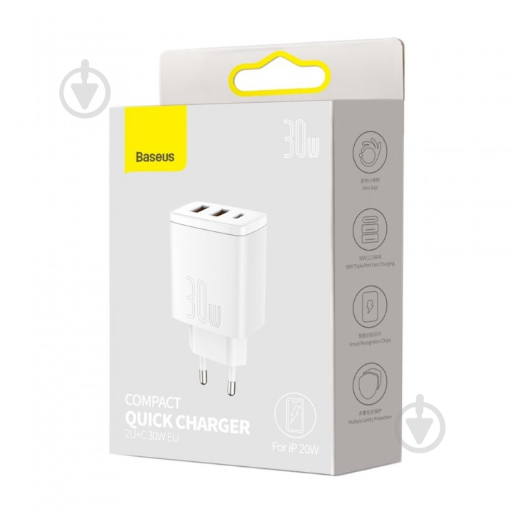 Мережевий зарядний пристрій BASEUS Compact Quick Charger 2U+C 30W EU White - фото 4