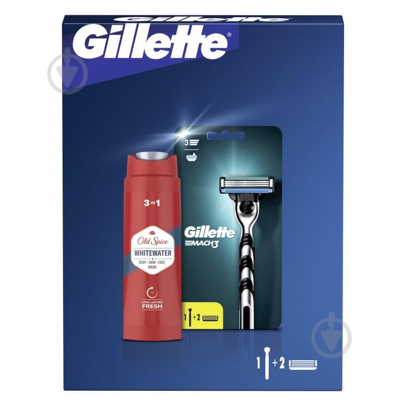 Подарунковий набір для чоловіків Gillette Станок Mach3 + гель для душу Old Spice 3-в-1 Whitewater 250 мл - фото 2